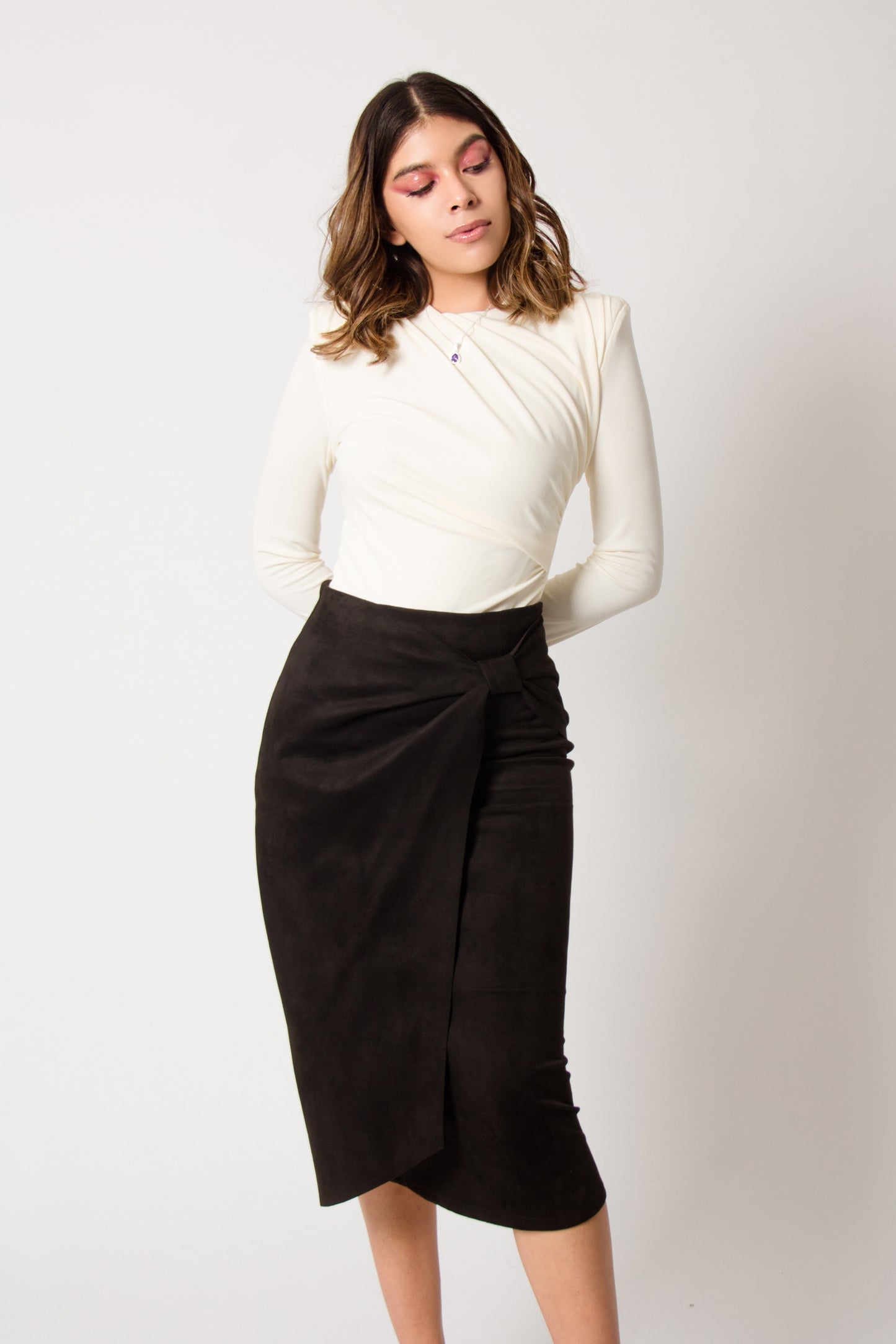 BLACK SUEDE DRAPPED MIDI SKIRT