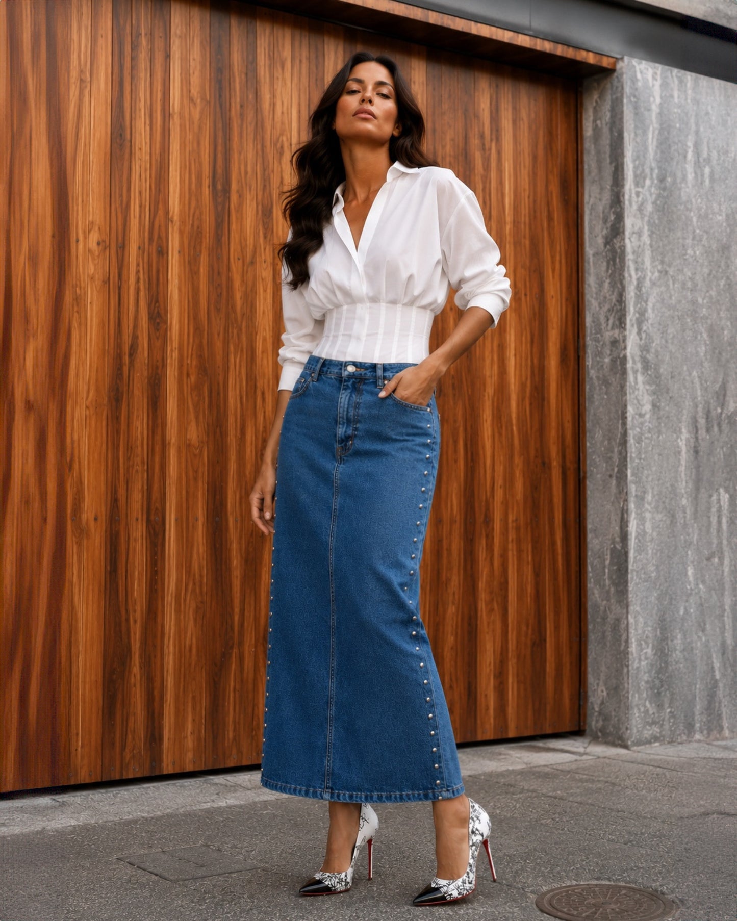 RIGID DENIM MAXI SKIRT (NOT STRETCH)