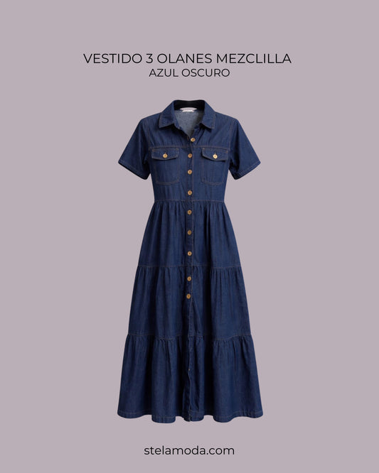 VESTIDO MEZCLILLA 3 OLANES OSCURO