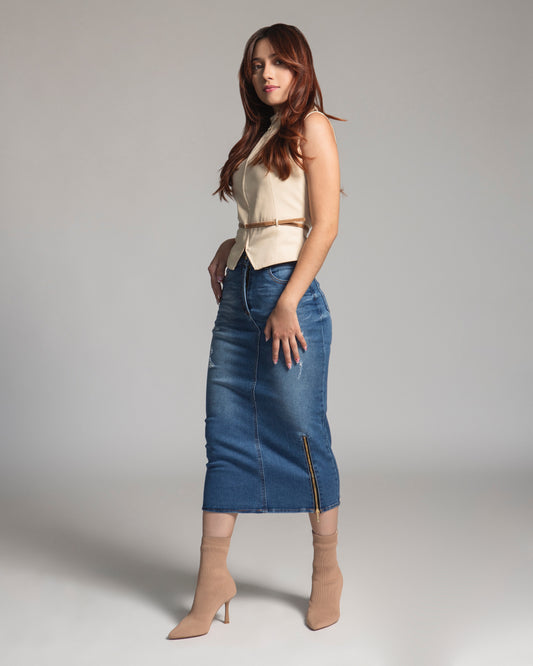 FALDA MIDI CIERRE AZUL