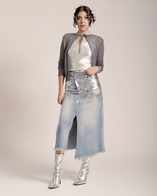 FALDA ASIMETRICA METALIZADA PLATA