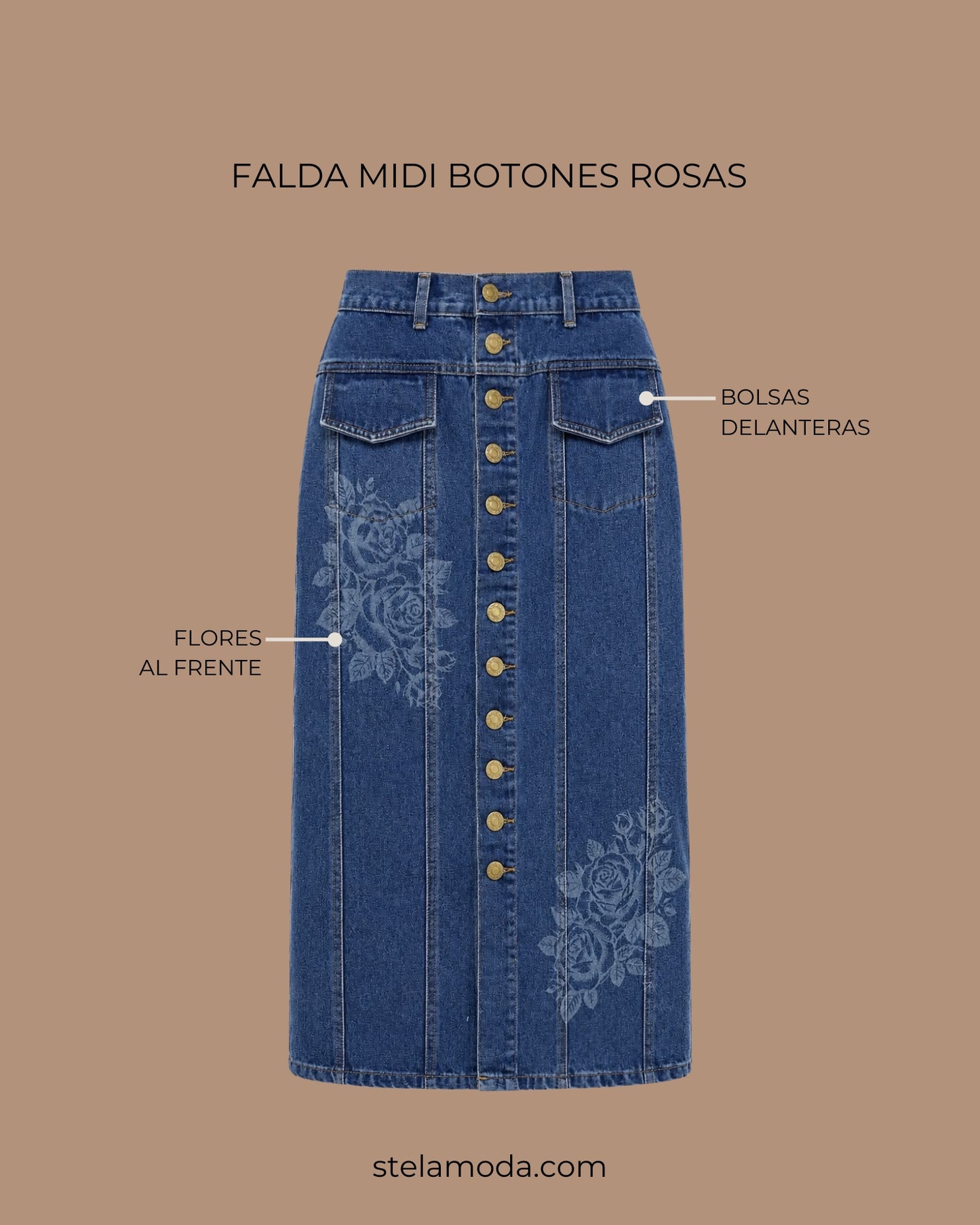 FALDA MIDI RIGIDA BOTONES FLORES