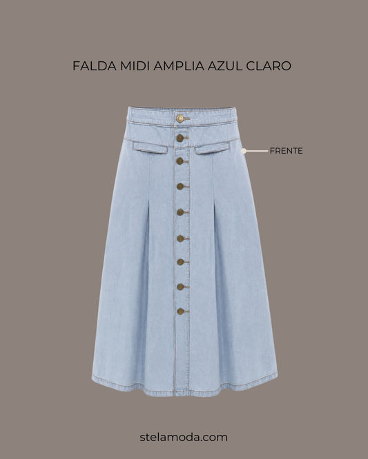 FALDA MIDI PINZAS AZUL CLARO