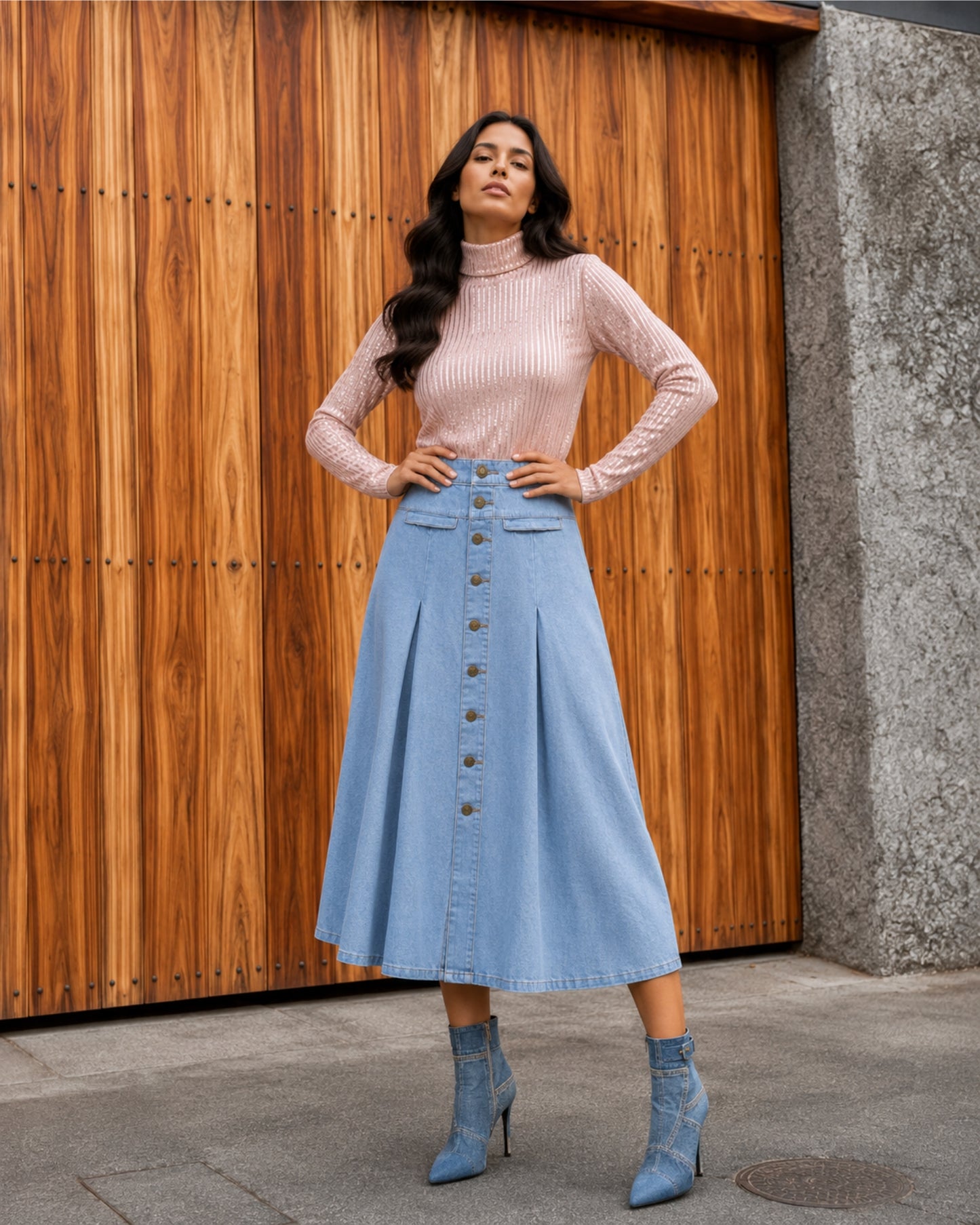FALDA MIDI PINZAS AZUL CLARO
