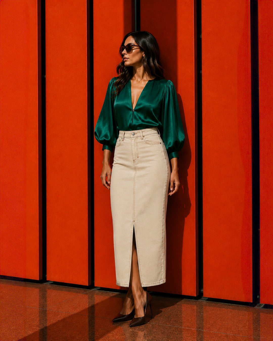 FALDA VAQUERA GABARDINA BEIGE