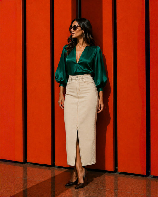 FALDA VAQUERA GABARDINA BEIGE