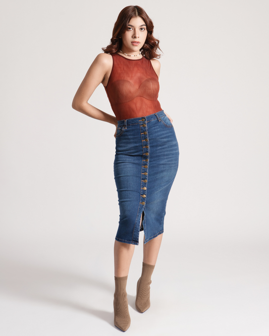 FALDA MIDI BOTONES AZUL OSCURO